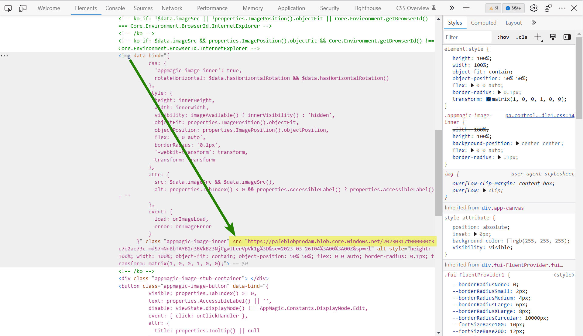 Img element in developer tools